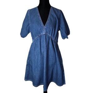 WallFlower Womens S Blue Denim Babydoll Mini Dress Puff Sleeve Empire Waist NWT